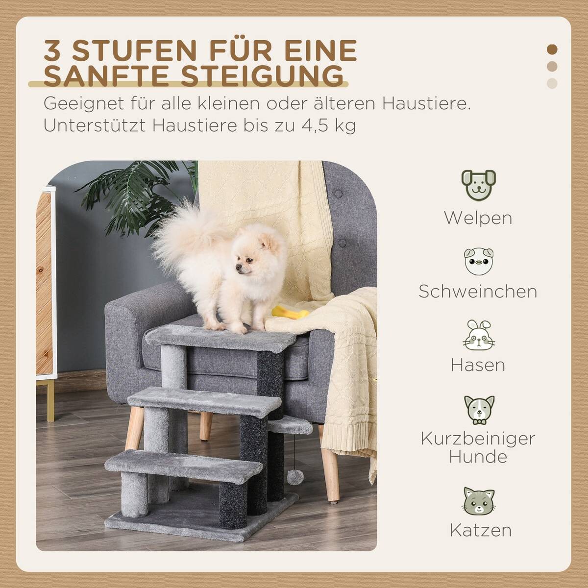 PawHut Haustiertreppe grau Polyester B/H/L: ca. 40x48x45 cm