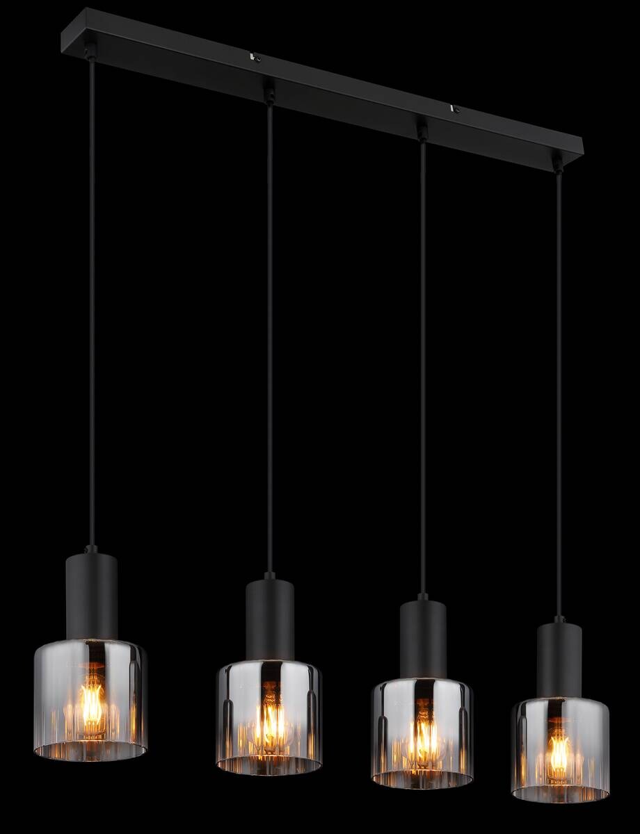 GLOBO Pendelleuchte Jack schwarz klar Rauch Glas Metall B/H/L: ca. 74x150x12 cm E27 4 Brennstellen