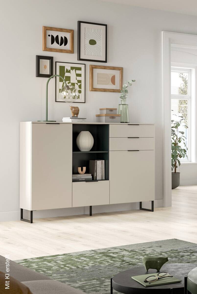 Highboard Noida Kaschmirgrau Nachbildung schwarz B/H/T: ca. 112x150x37 cm
