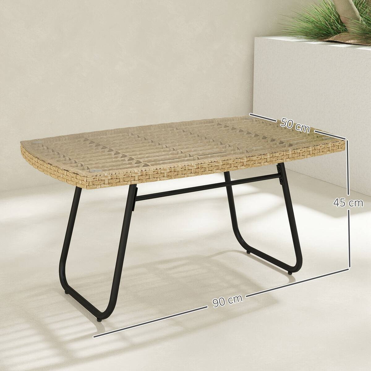 Outsunny Rattan-Gartentisch Holzoptik Stahl B/H/L: ca. 50x45x90 cm