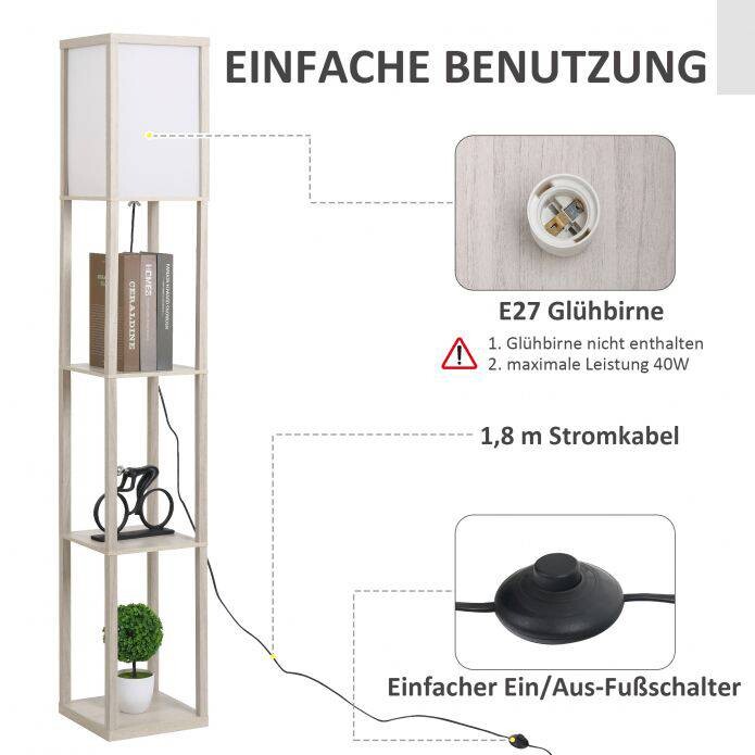 HOMCOM Stehlampe 833-623V90AK Eiche weiß Acryl Kunststoff B/H/L: ca. 26x160x26 cm E27 1 Brennstellen