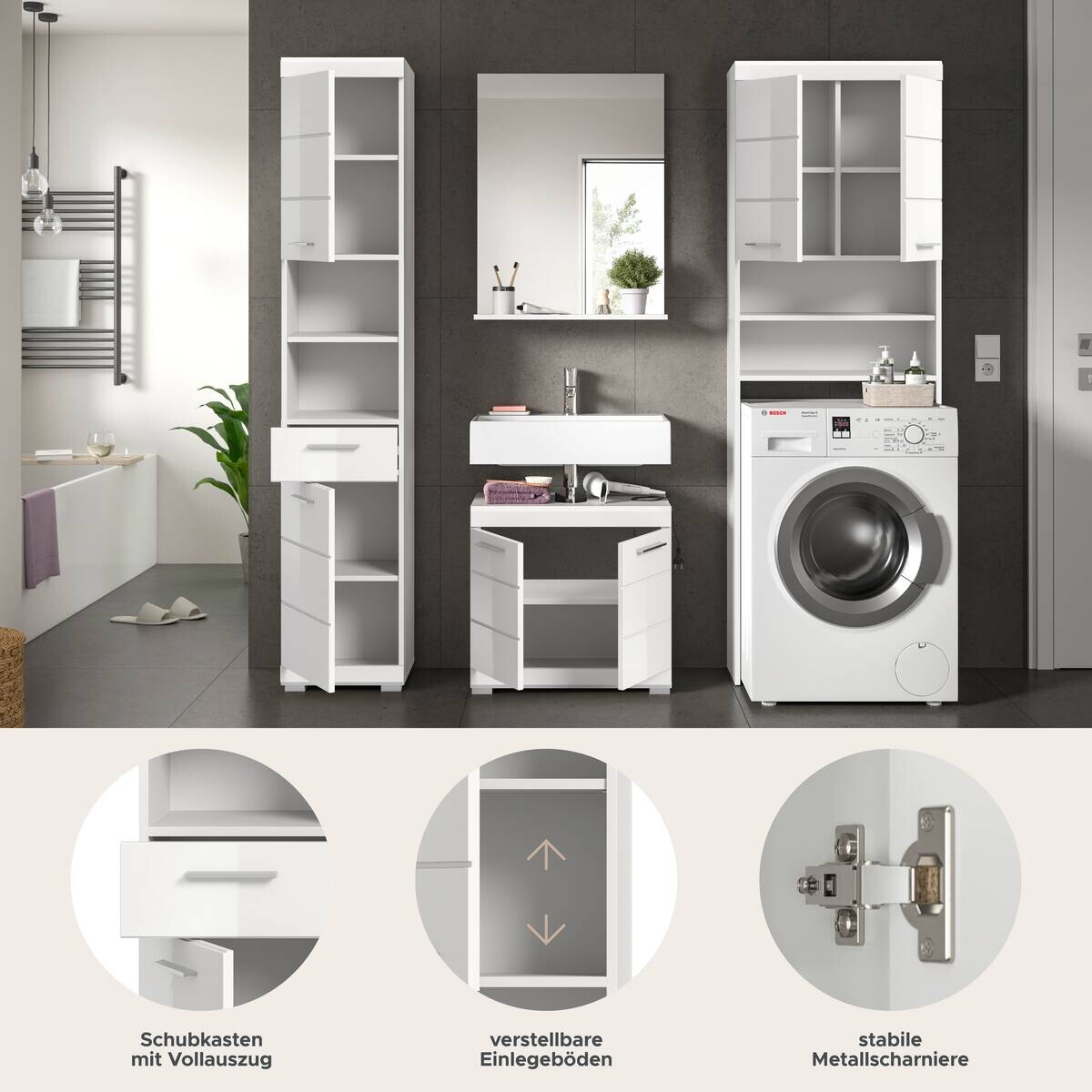 Badezimmer-Set Scout weiß weiß Hochglanz B/H/T: ca. 190x191x34 cm