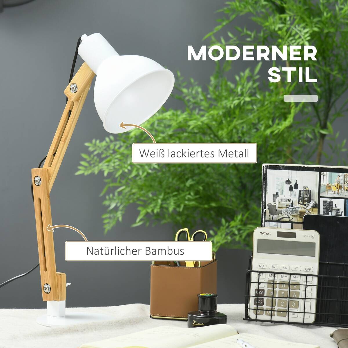 HOMCOM Schreibtischleuchte weiß Edelstahl Polypropylen Bambus B/H/L: ca. 15,5x36x50 cm E27 1 Brennstellen