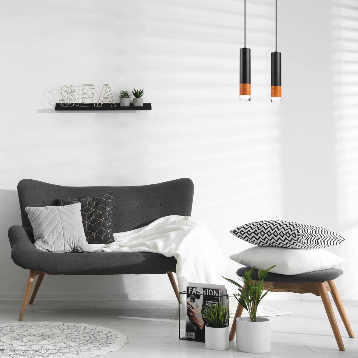 Lamkur Pendelleuchte schwarz Glas Stahl B/H/L: ca. 8x105x30 cm GU10 2 Brennstellen