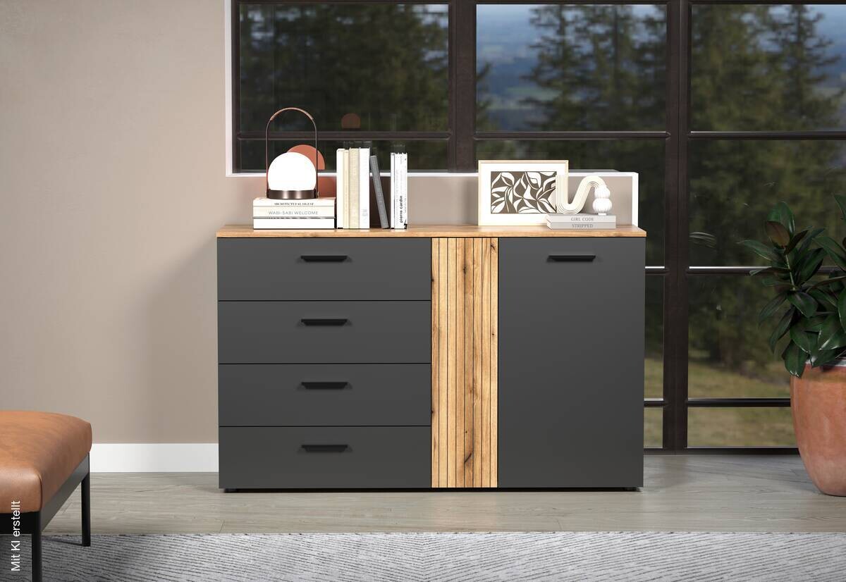 Kommode Esteban anthrazit Eiche Evoke Coast Nachbildung B/H/T: ca. 139x86x38 cm
