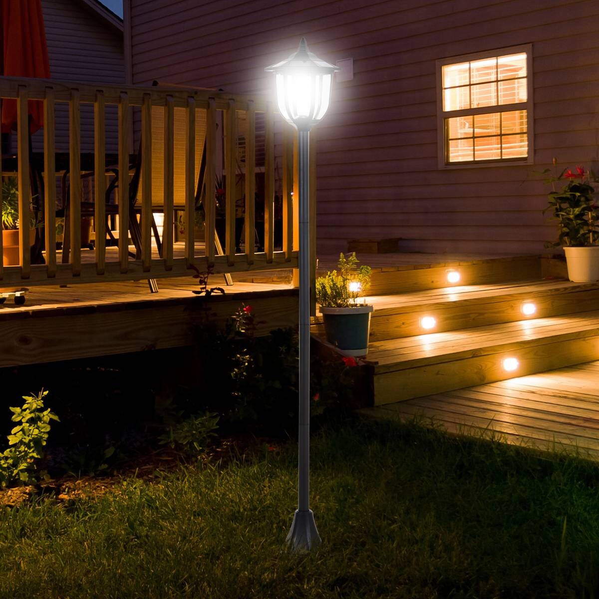 Gartenlaterne mit LED schwarz Kunststoff Edelstahl H/D: ca. 177x27 cm