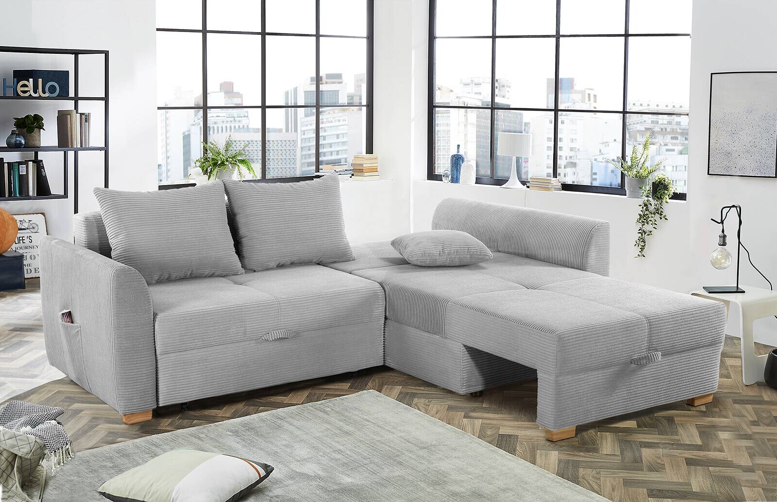 Ecksofa mit Bettfunktion und Bettkasten hellgrau B/H/T: ca. 236x81x160 cm