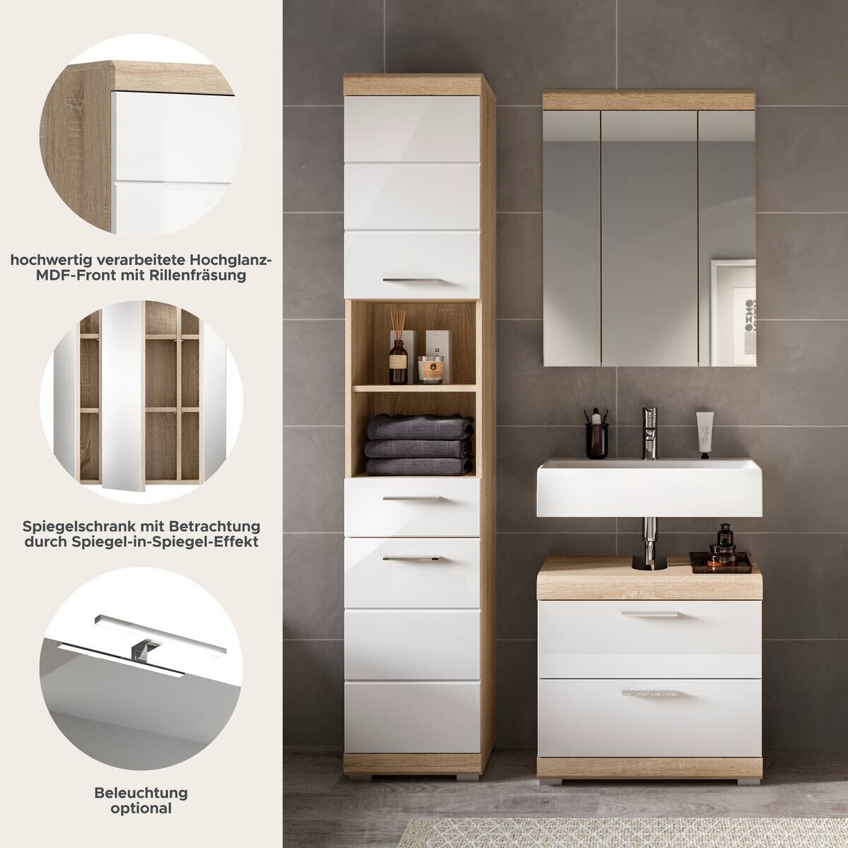 Badezimmer-Set Lambada Eiche Sonoma Nachbildung weiß Hochglanz B/H/T: ca. 112x191x37 cm