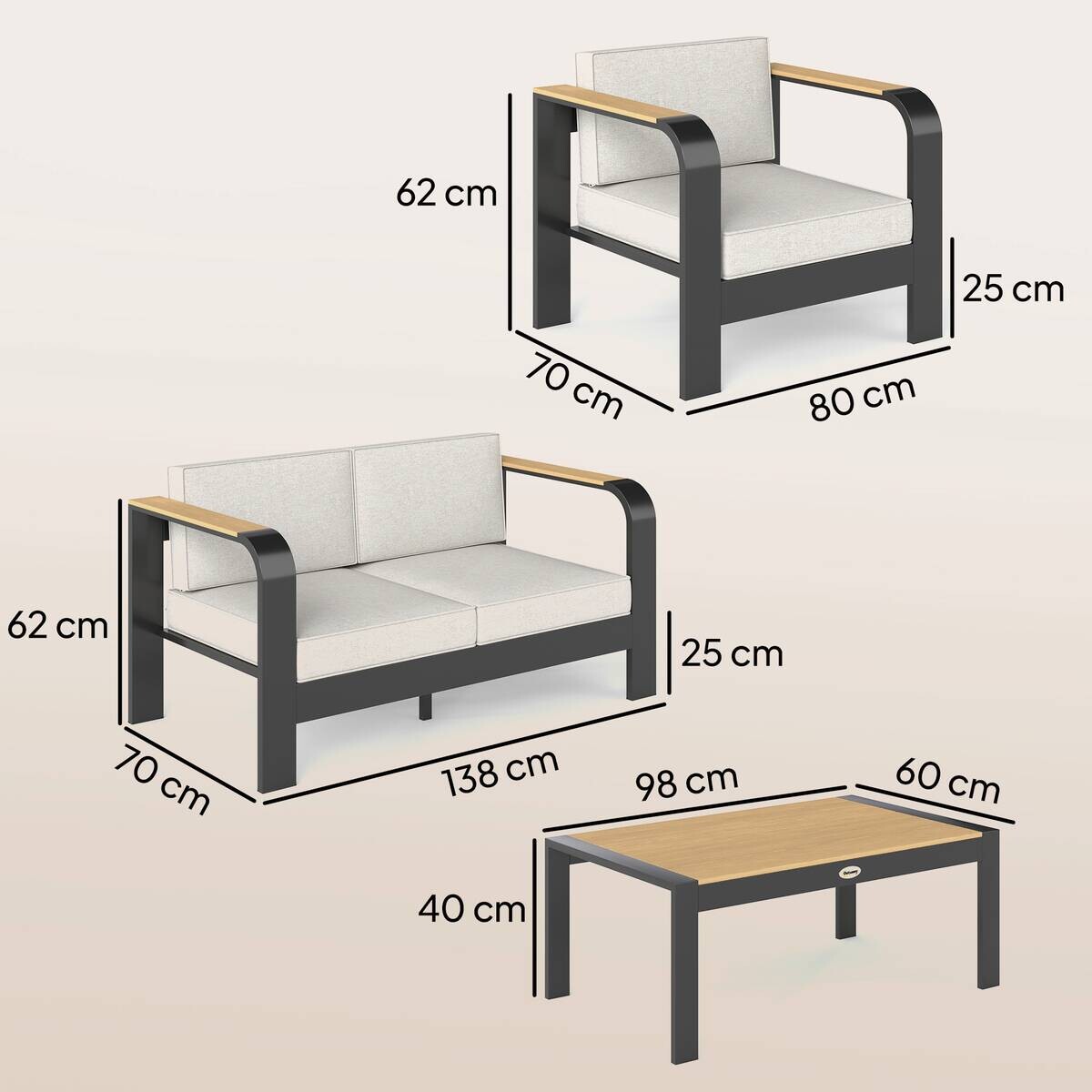 Outsunny Balkonmöbel-Set schwarz Aluminium B/H/L: ca. 70x62x138 cm