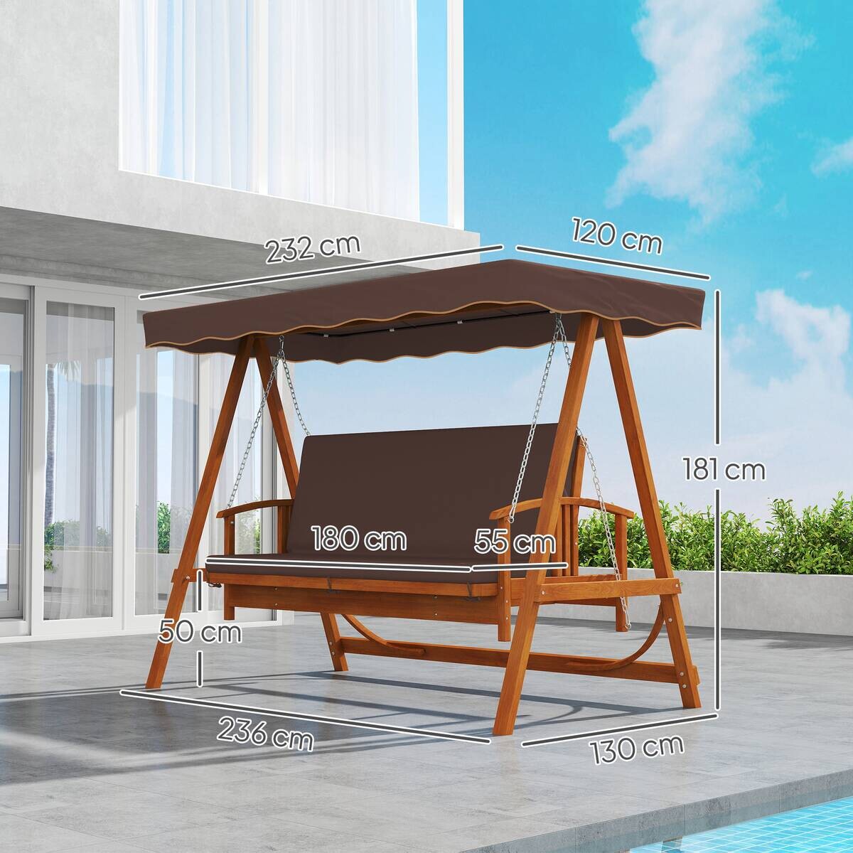 Outsunny Hollywoodschaukel braun Holz B/H/L: ca. 130x181x236 cm