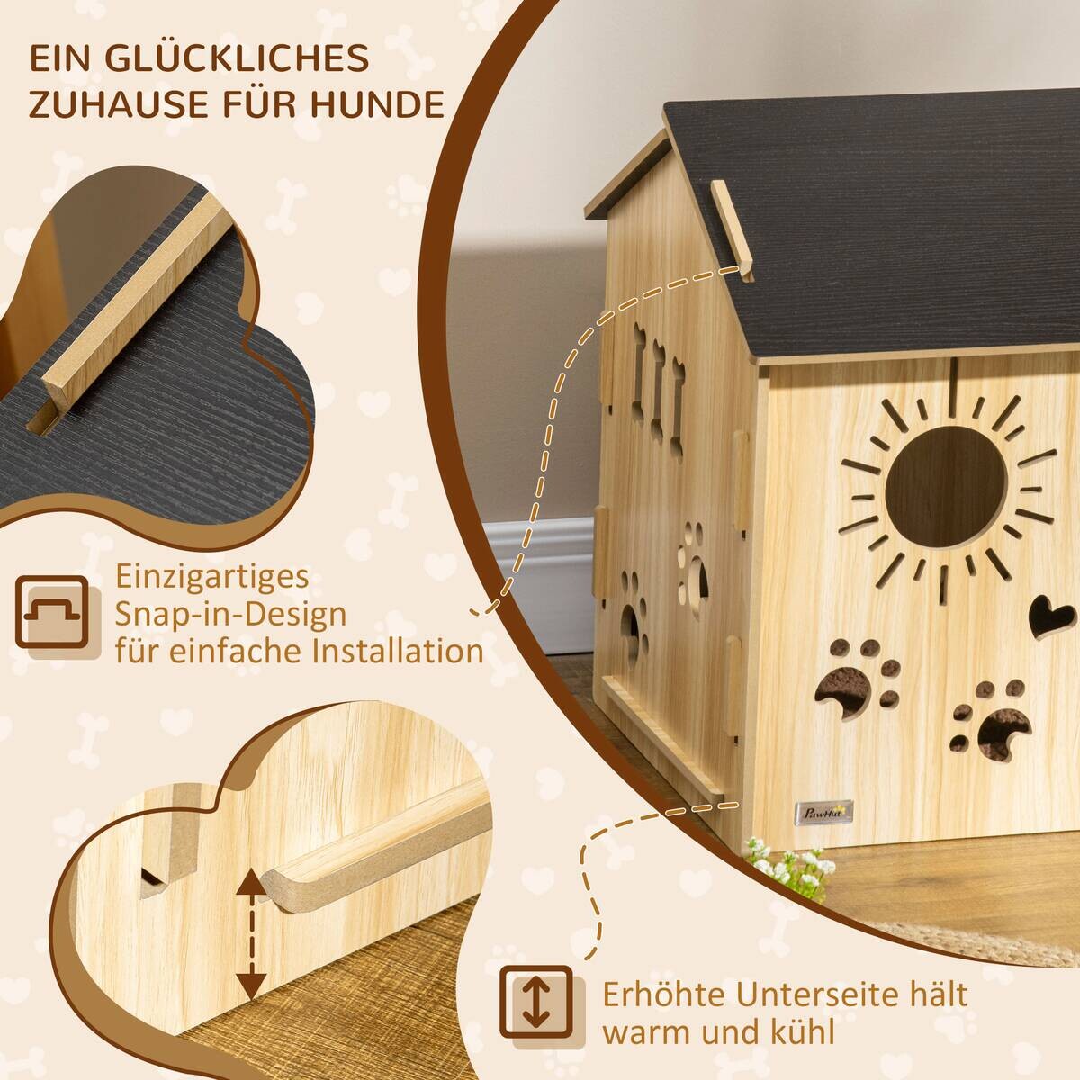 PawHut Hundehütte Eiche MDF B/H/L: ca. 50x58,5x69 cm