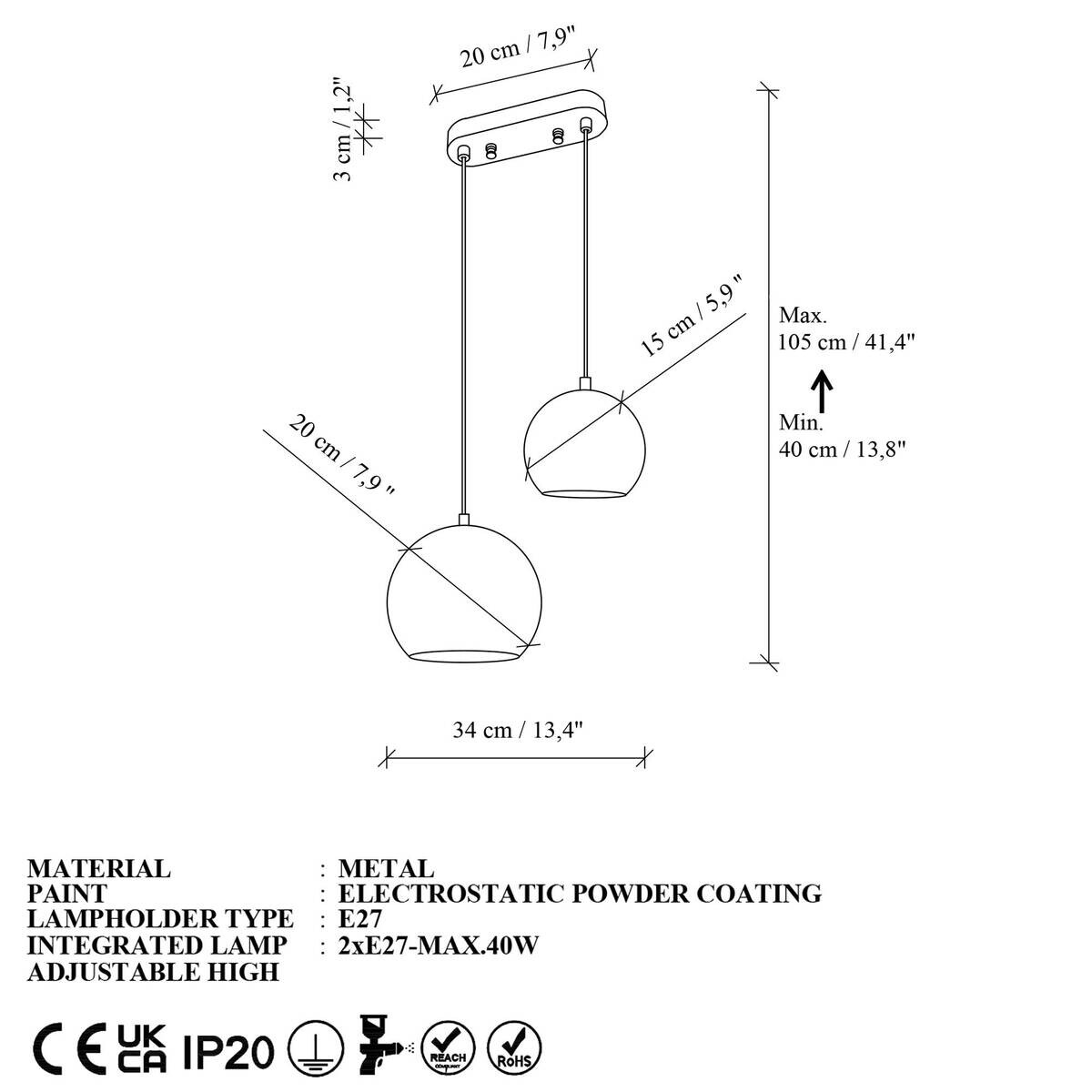 Opviq Pendelleuchte B/H/T: ca. 20x105x20 cm E27 2 Brennstellen