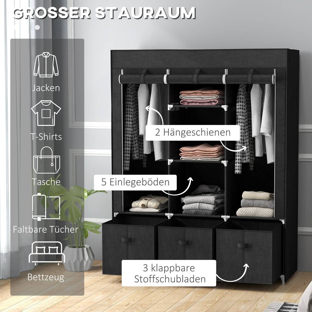 HOMCOM Kleiderschrank schwarz Polypropylen B/H/L: ca. 43x125x162,5 cm