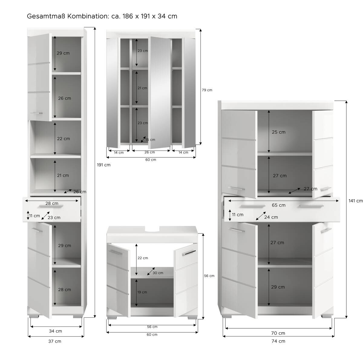 Badezimmer-Set Scout weiß weiß Hochglanz B/H/T: ca. 186x191x34 cm