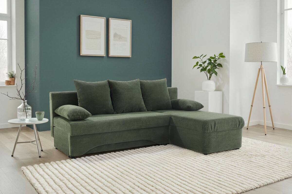 Ecksofa mit Bettfunktion und Bettkasten grün Microfaser B/H/T: ca. 191x70x142 cm