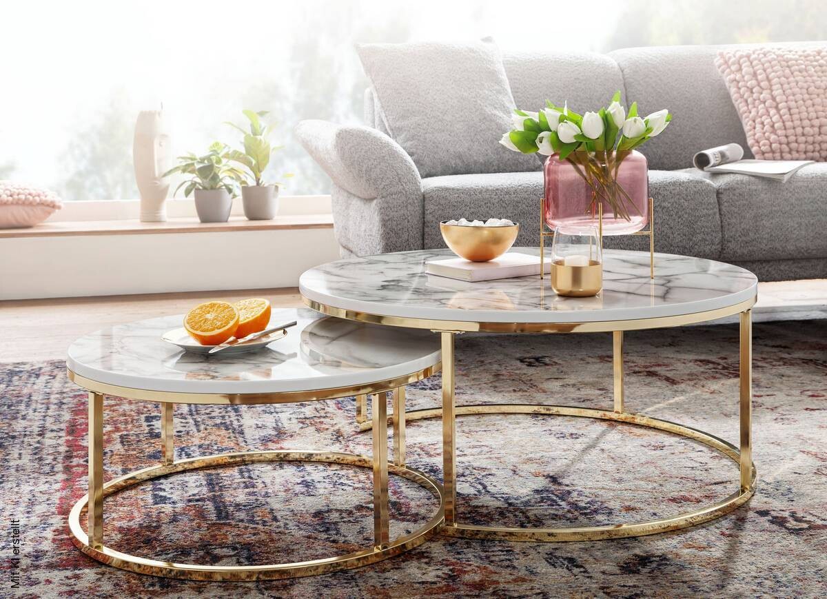 Couchtisch 2er-Set weiß Marmor Optik gold lackiert