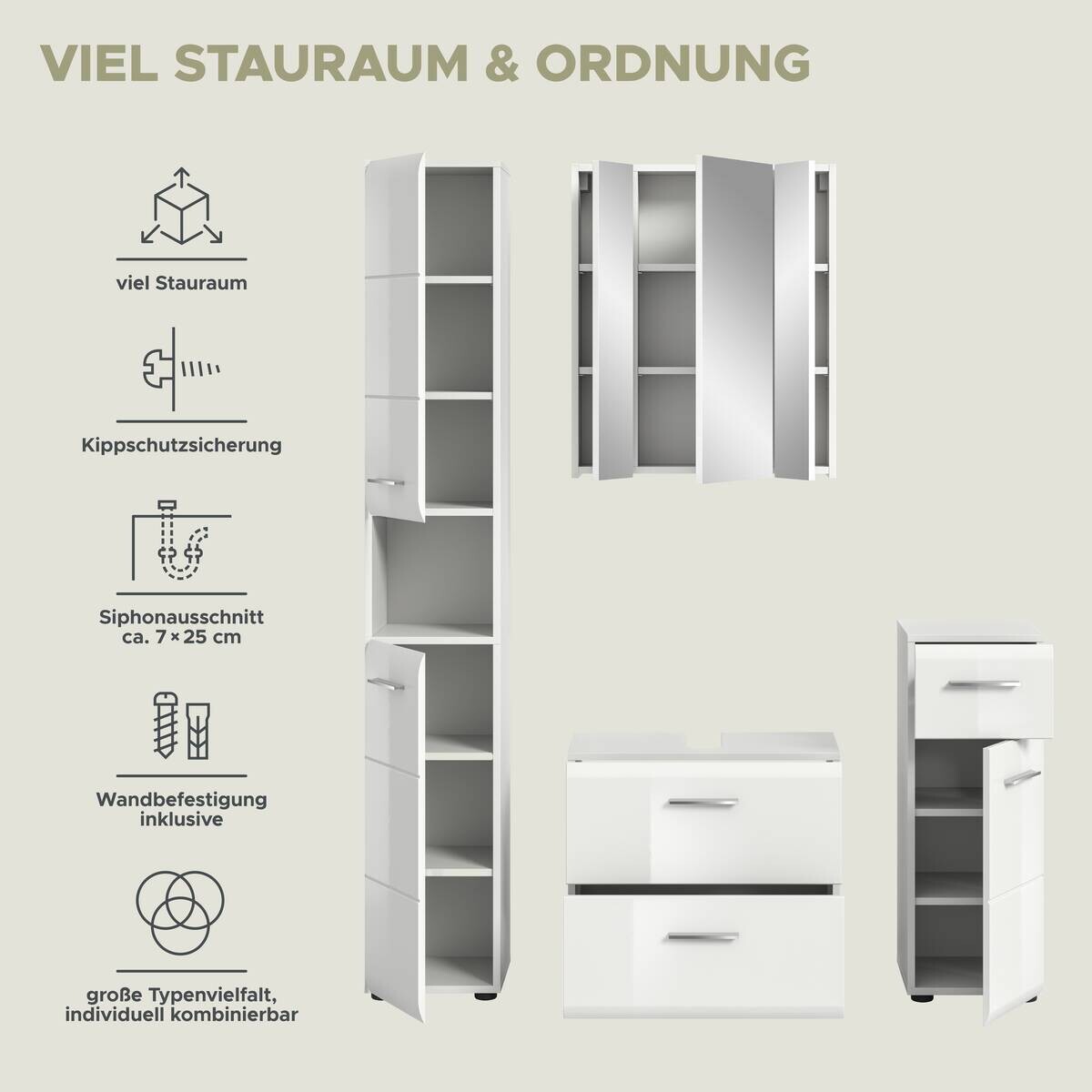 Badezimmer-Set Ice weiß weiß Hochglanz B/H/T: ca. 150x185x30 cm
