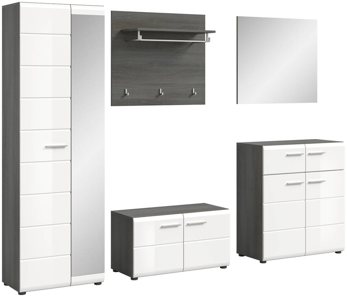 Garderobe SALSA Eiche Rauchsilber Nachbildung weiß Hochglanz B/H/T: ca. 250x192x37 cm