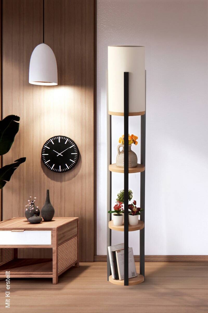 Opviq Stehlampe Circle natur schwarz MDF B/H/L: ca. 21x135x21 cm E27 1 Brennstellen