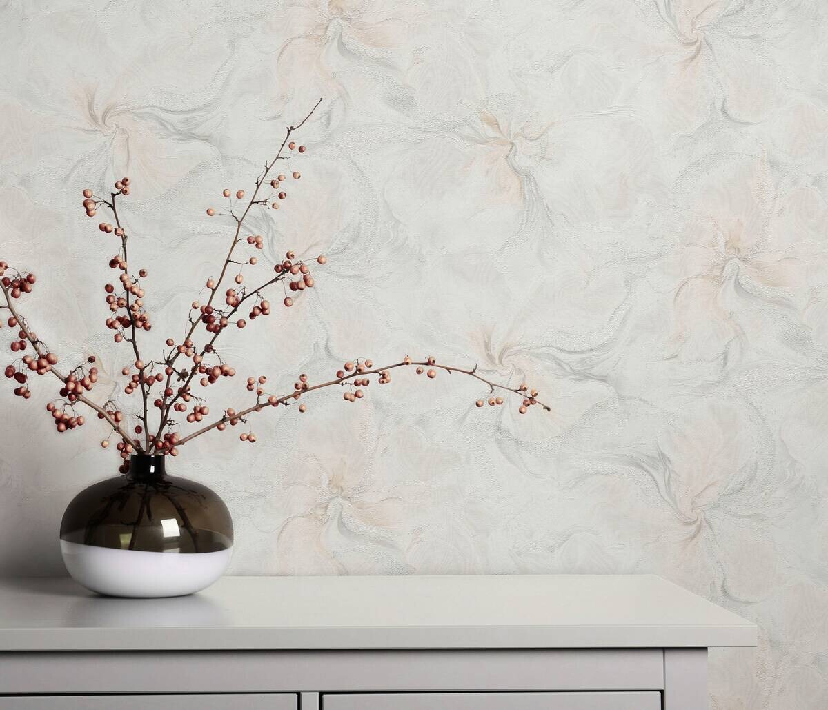 Vliestapete Blätter weiß beige grau B/L: ca. 53x1005 cm glitzernd