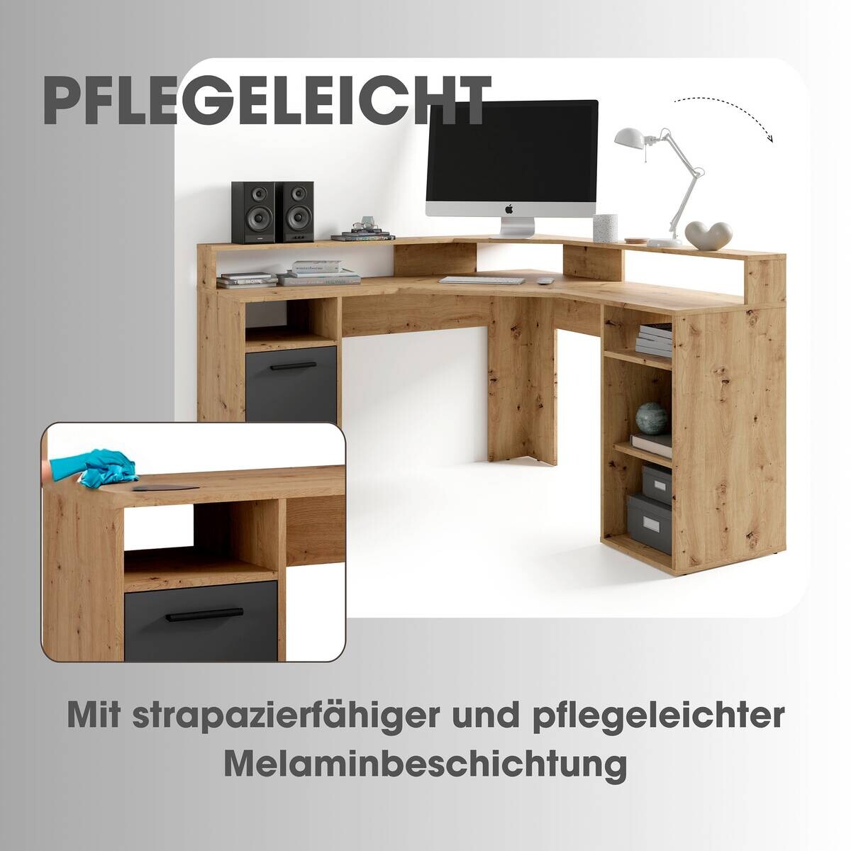Eckschreibtisch FOX Eiche anthrazit B/H/T: ca. 139x90,8x139 cm
