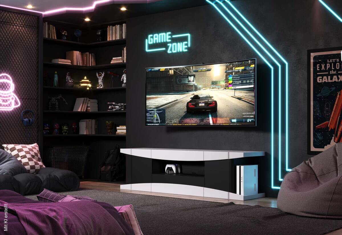 TV-Lowboard LevelUp Gaming weiß Lack matt schwarz Lack matt B/H/T: ca. 180x54x42 cm