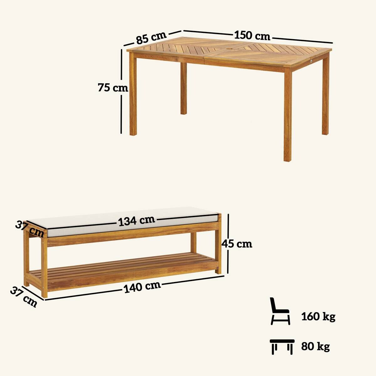 Outsunny Gartenmöbel-Set taupe Alteiche B/H/L: ca. 85x75x150 cm