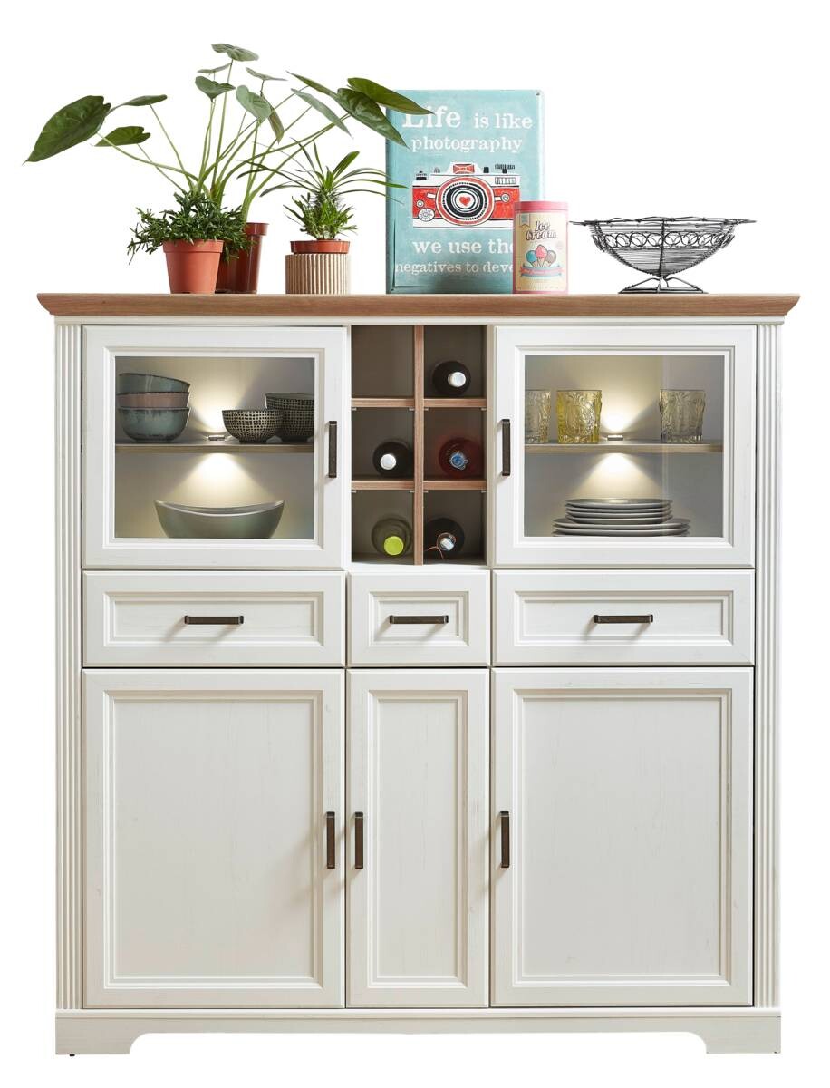 Highboard Jasmin weiß Pinie Nachbildung Eiche Artisan Nachbildung B/H/T: ca. 143x150x42 cm