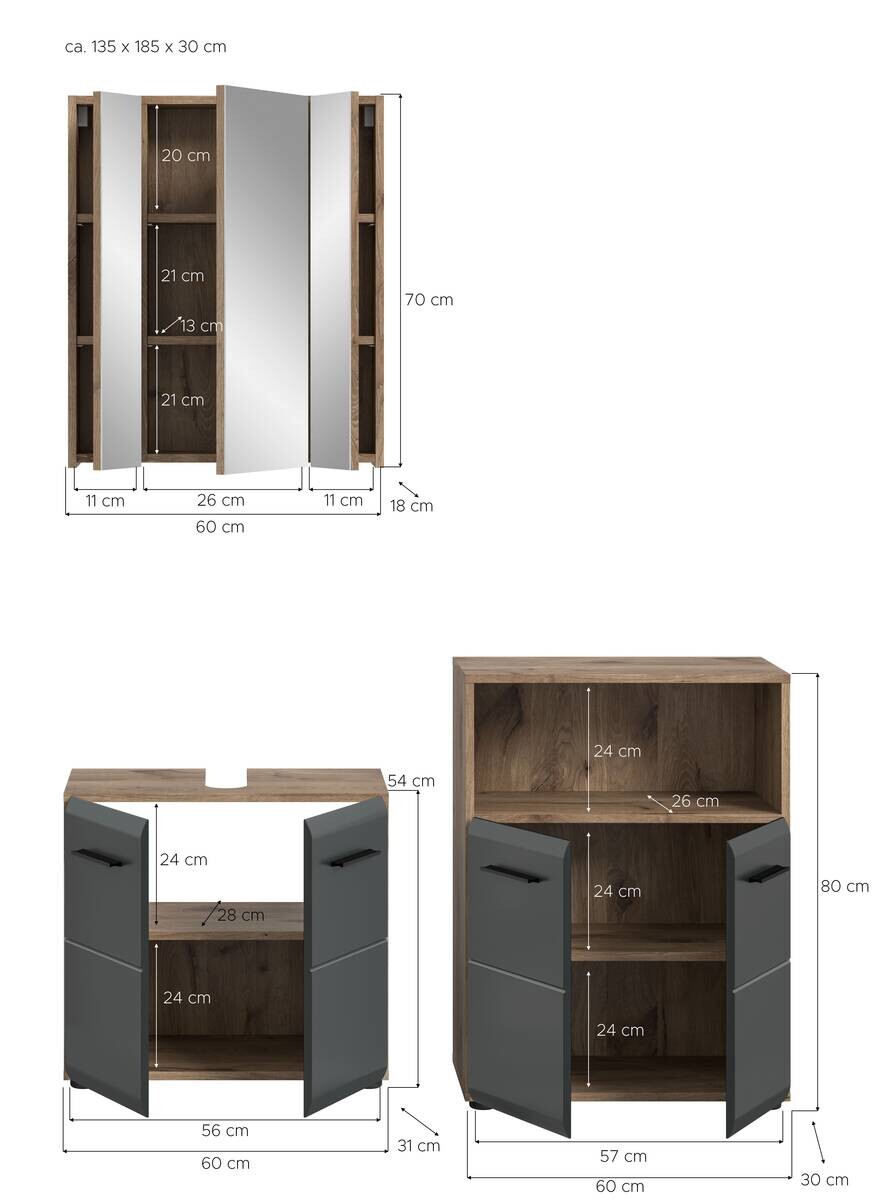 Badezimmer-Set Ice Nox Oak Nachbildung schwarz matt B/H/T: ca. 135x185x30 cm