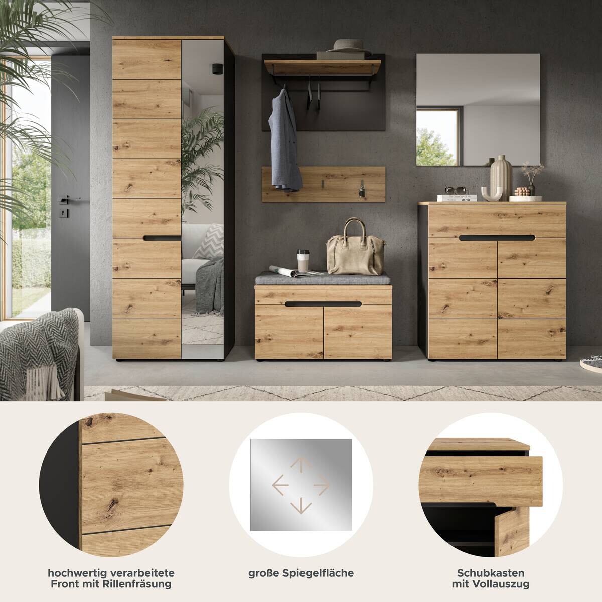 Garderobe Canu basaltgrau Nachbildung Artisan Nachbildung B/H/T: ca. 255x190x37 cm