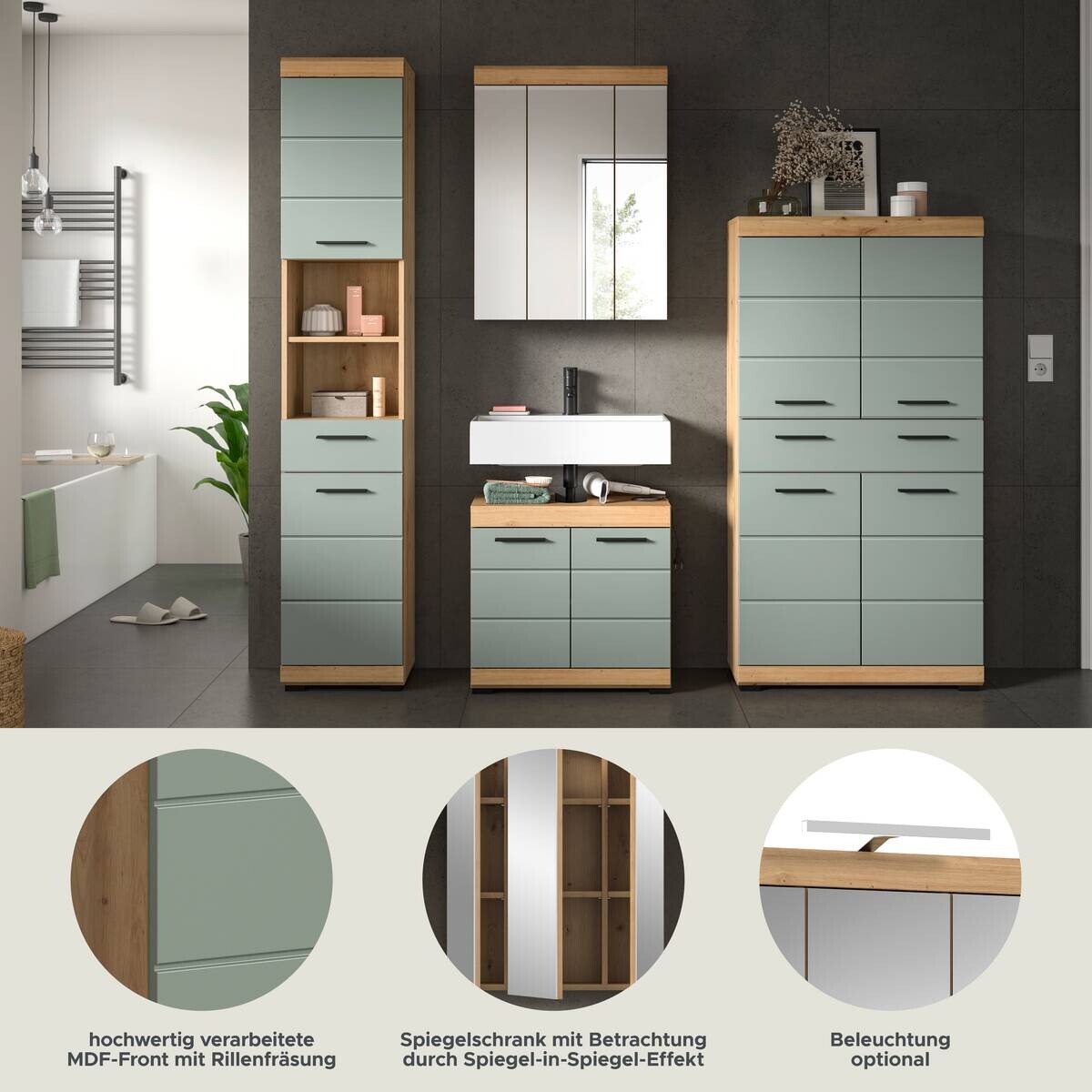 Badezimmer-Set Scout Eiche Artisan Nachbildung salbei Nachbildung B/H/T: ca. 186x191x34 cm
