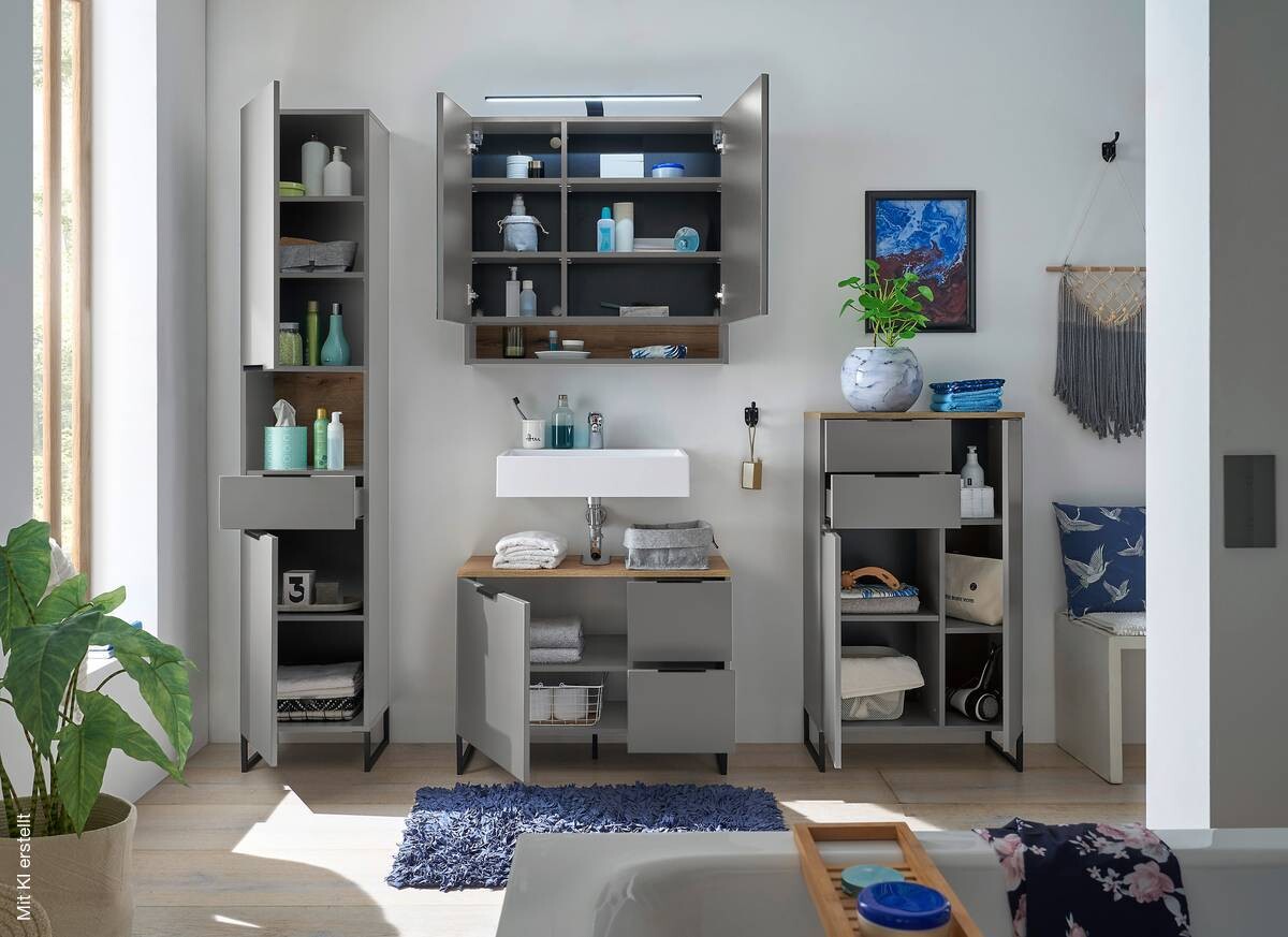 Spiegelschrank Denver grau matt Eiche Evoke Coast Nachbildung B/H/T: ca. 80x75x22 cm