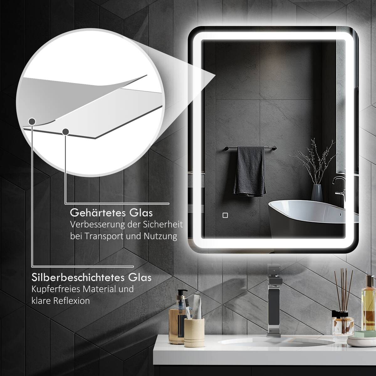 HOMCOM LED-Bad-Spiegel silber B/H/L: ca. 60x4x80 cm