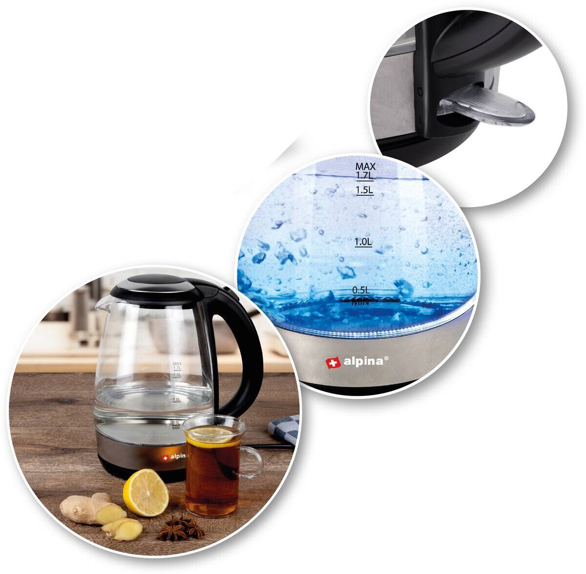 alpina Glaswasserkocher schwarz Glas Edelstahl ca. 1,7 l