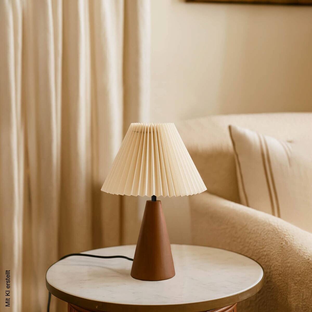 Tischleuchte creme nussbaum PVC Holz B/H/L/D: ca. 22x35x22x22 cm E27 1 Brennstellen