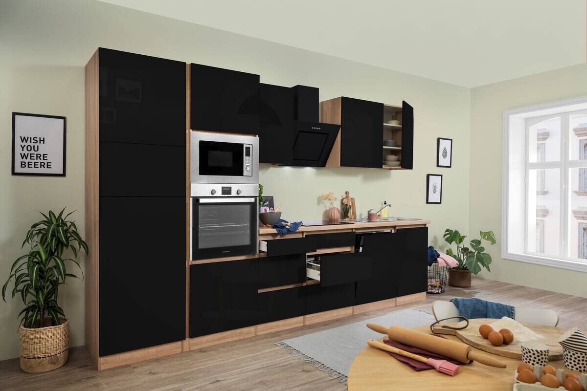 Respekta Küchenblock Premium schwarz hochglänzend B/H/T: ca. 345x220,5x60 cm