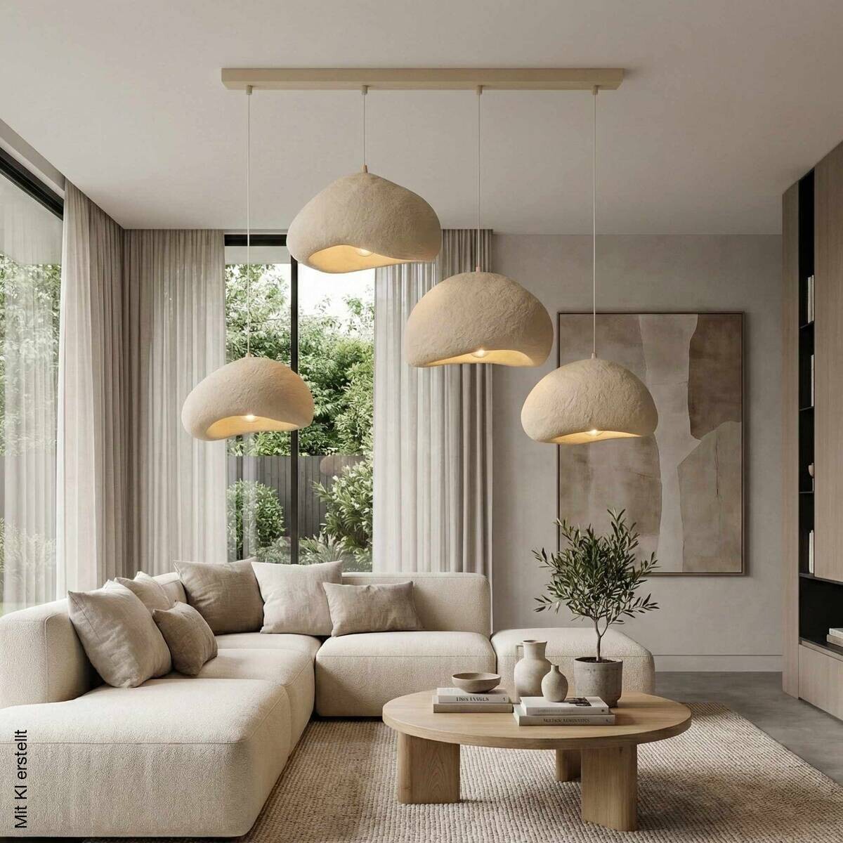 Opviq Pendelleuchte beige Fiberglas Metall B/H/T/L: ca. 174x110x46x174 cm E27 4 Brennstellen