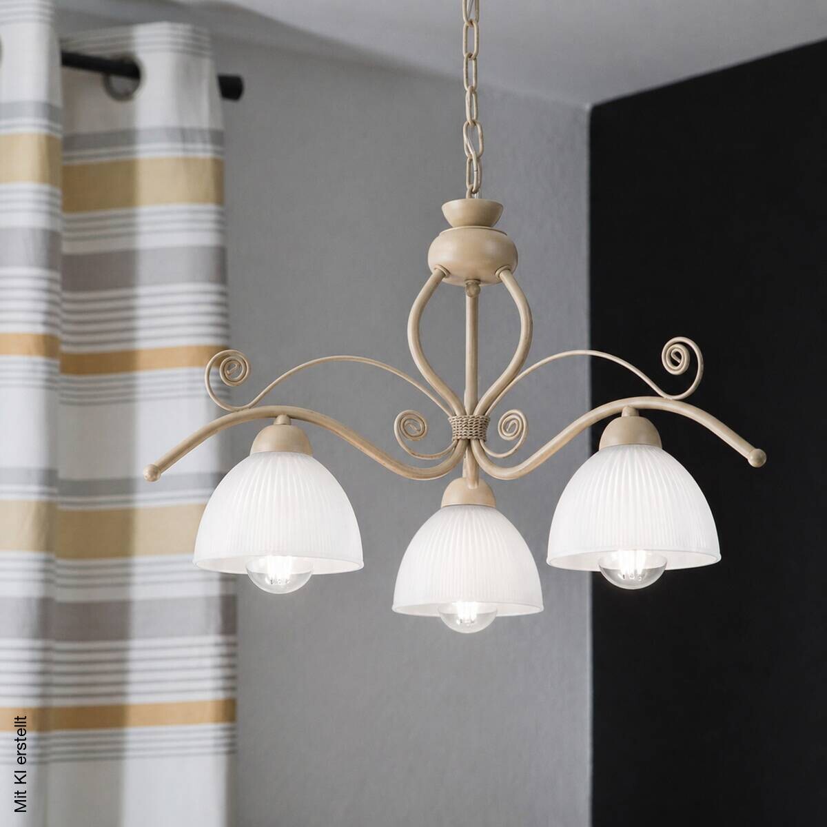 Lamkur Pendelleuchte weiß beige Stahl Glas B/H/L: ca. 41x73x41 cm E27 3 Brennstellen