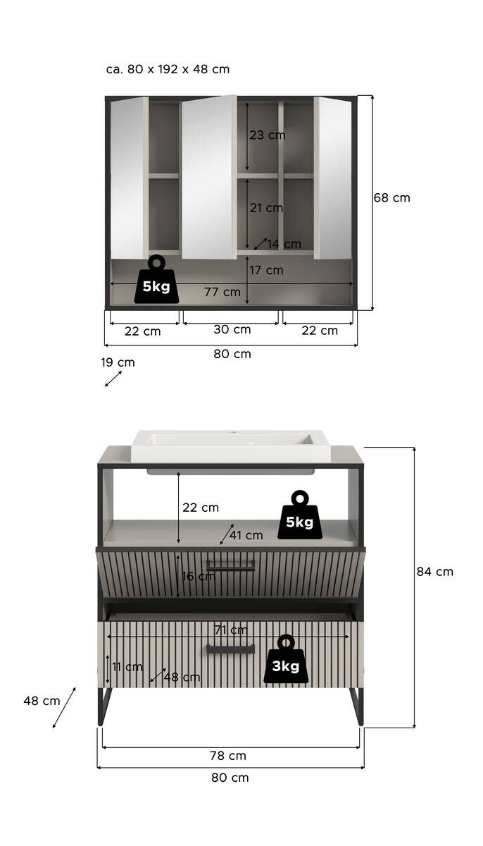 Badezimmer-Set BAGNO schwarz Kaschmirgrau Nachbildung B/H/T: ca. 80x192x48 cm