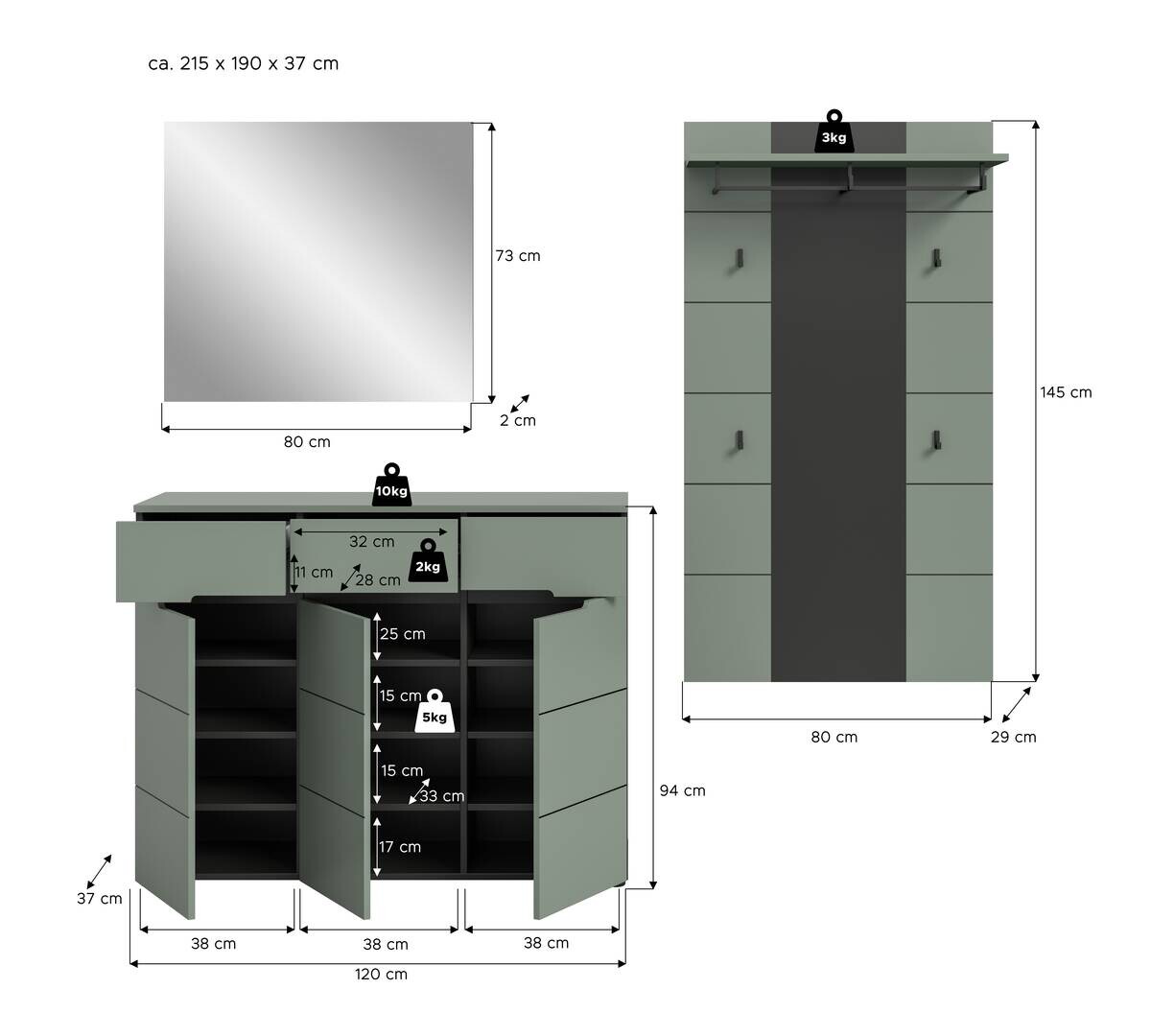 Garderobe Canu grün basaltgrau Nachbildung B/H/T: ca. 215x190x37 cm
