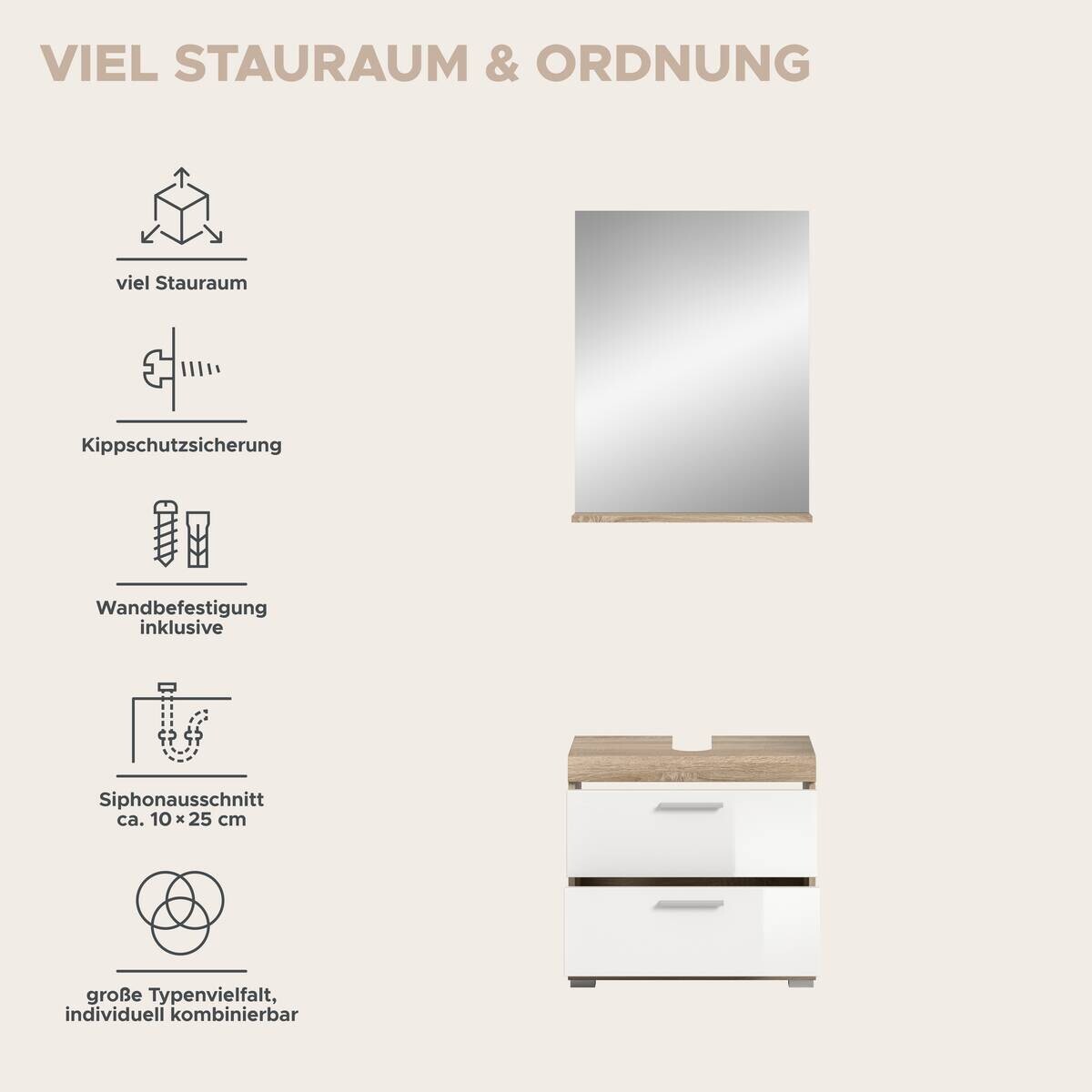 Badezimmer-Set Lambada Eiche Sonoma Nachbildung weiß Hochglanz B/H/T: ca. 60x191x37 cm