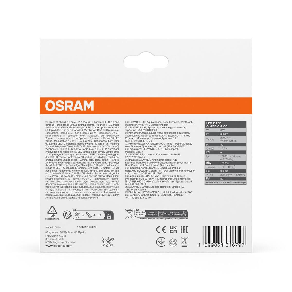 OSRAM LED-Leuchtmittel BASE Classic A AC55981 3er Pack E27