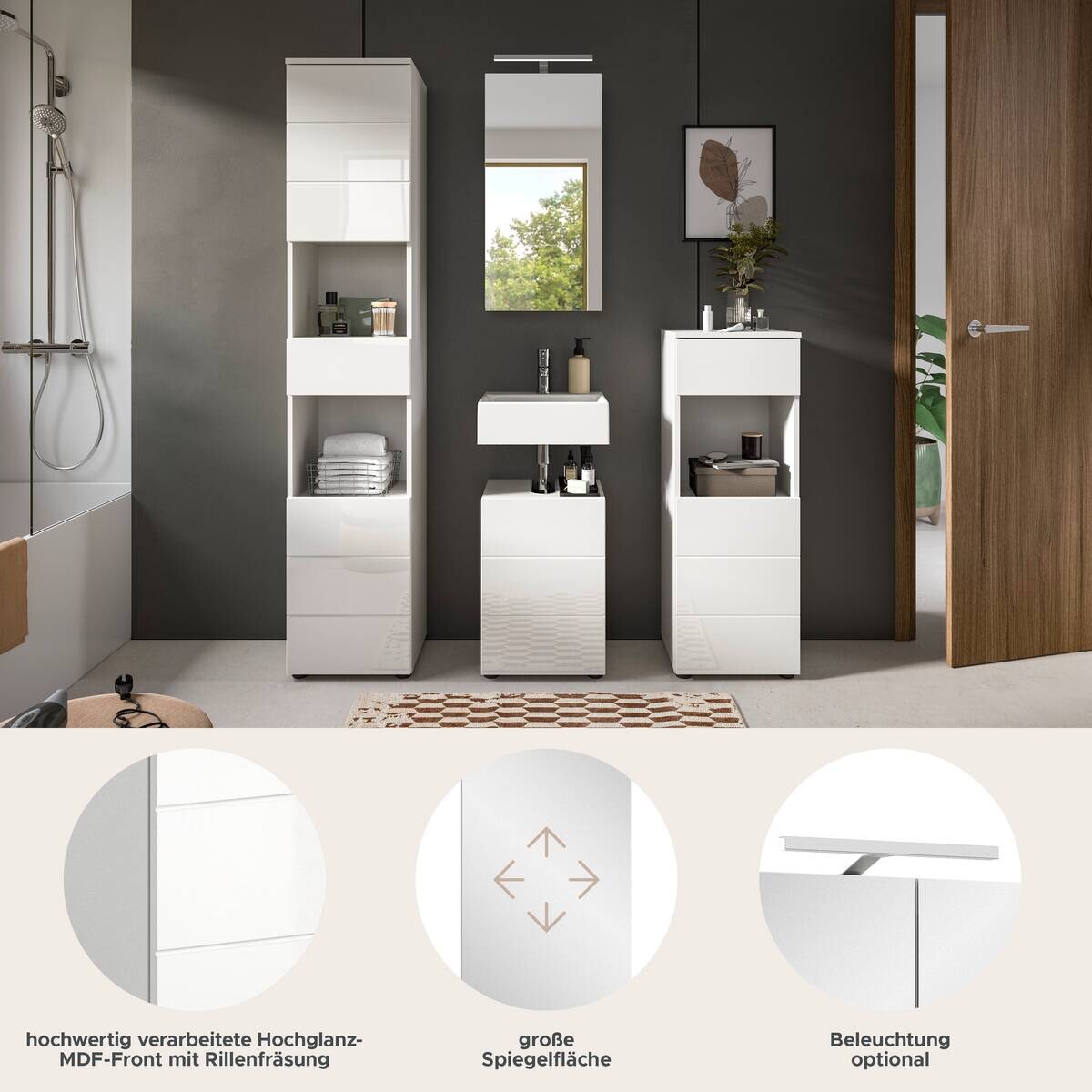 Badezimmer-Set VIRA weiß weiß Hochglanz B/H/T: ca. 144x190x34 cm