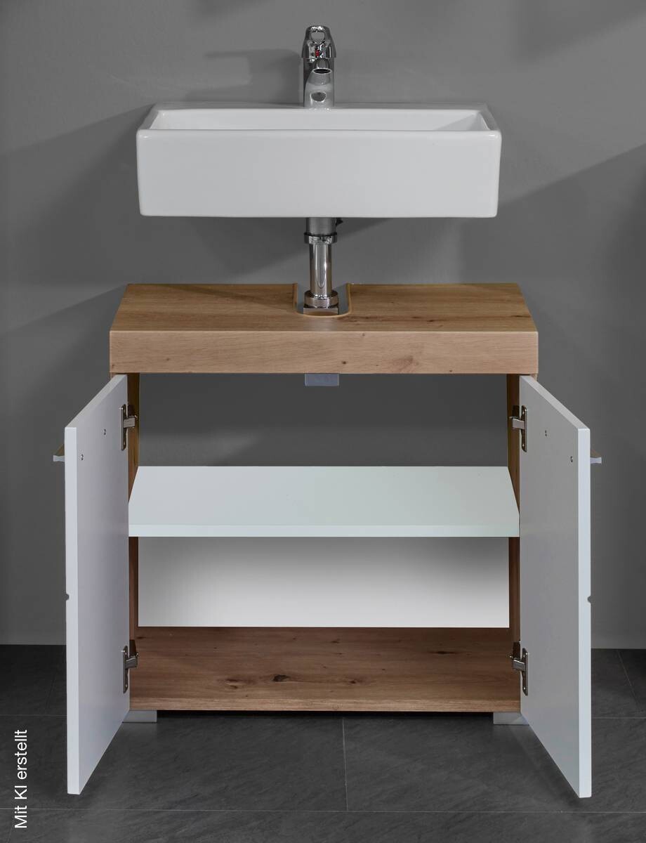 Waschbeckenunterschrank Amanda weiß Hochglanz Asteiche Nachbildung B/H/T: ca. 60x56x34 cm