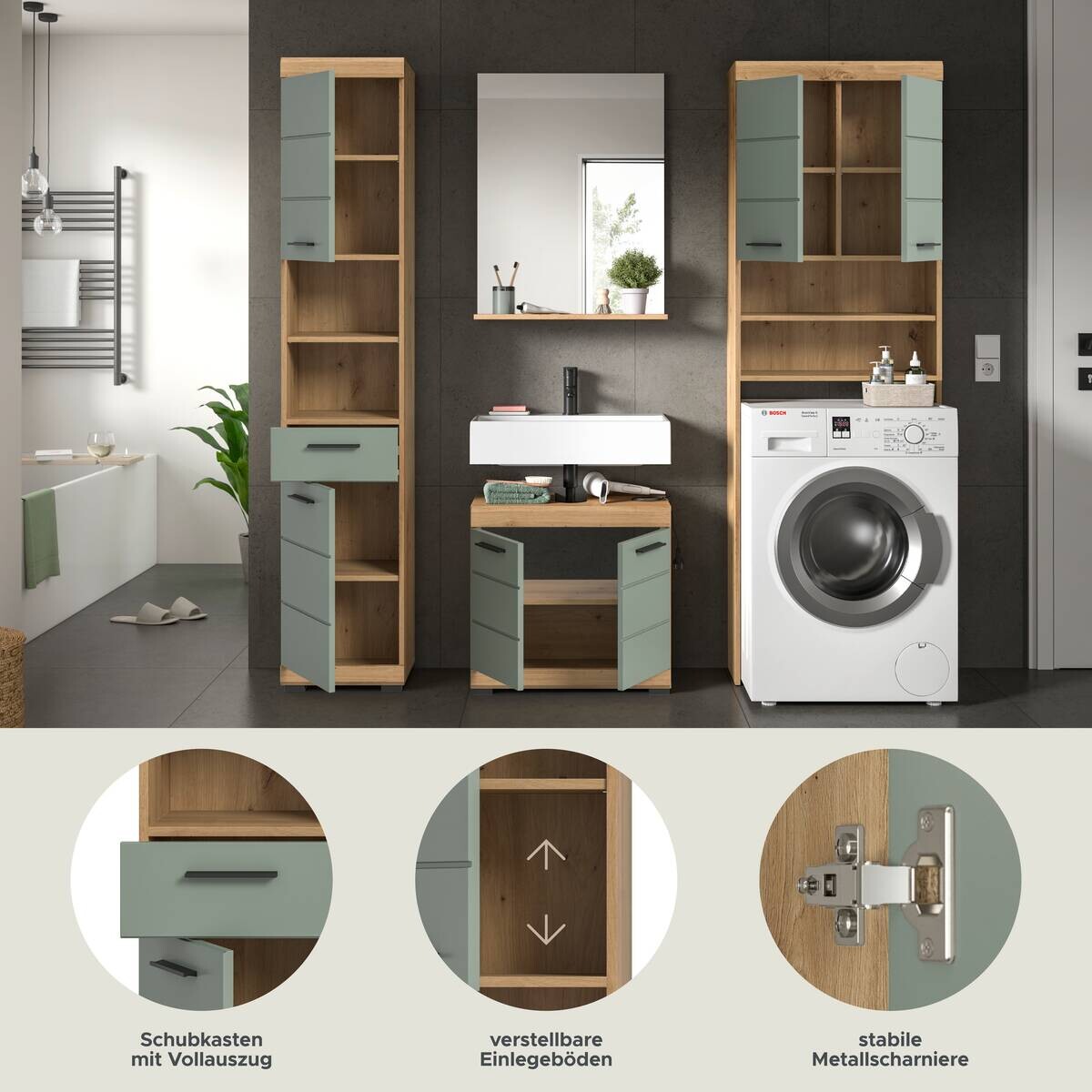 Badezimmer-Set Scout Eiche Artisan Nachbildung salbei Nachbildung B/H/T: ca. 190x191x34 cm