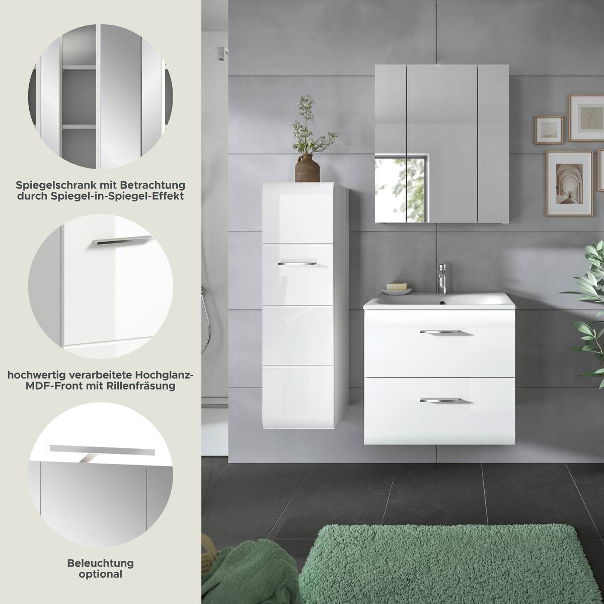 Badezimmer-Set Ice weiß weiß Hochglanz B/H/T: ca. 105x185x46 cm