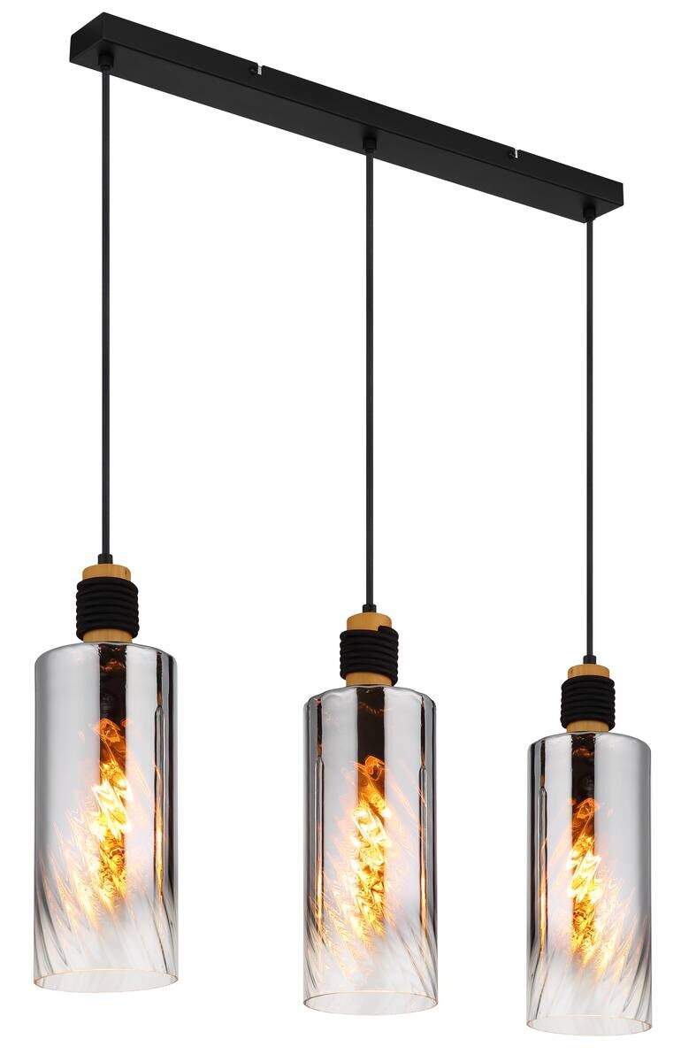 GLOBO Pendelleuchte mattschwarz Rauch braun Glas Holz Metall B/H/T/L: ca. 12x150x68x68 cm E27 3 Brennstellen