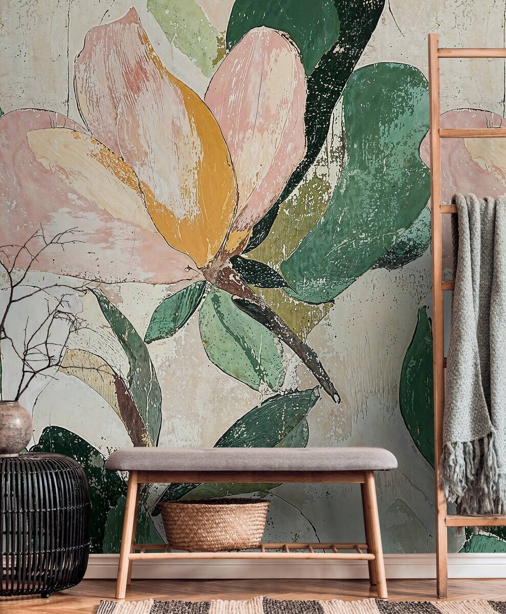Livingwalls Fototapete Floral grün beige rosa B/L: ca. 280x159 cm
