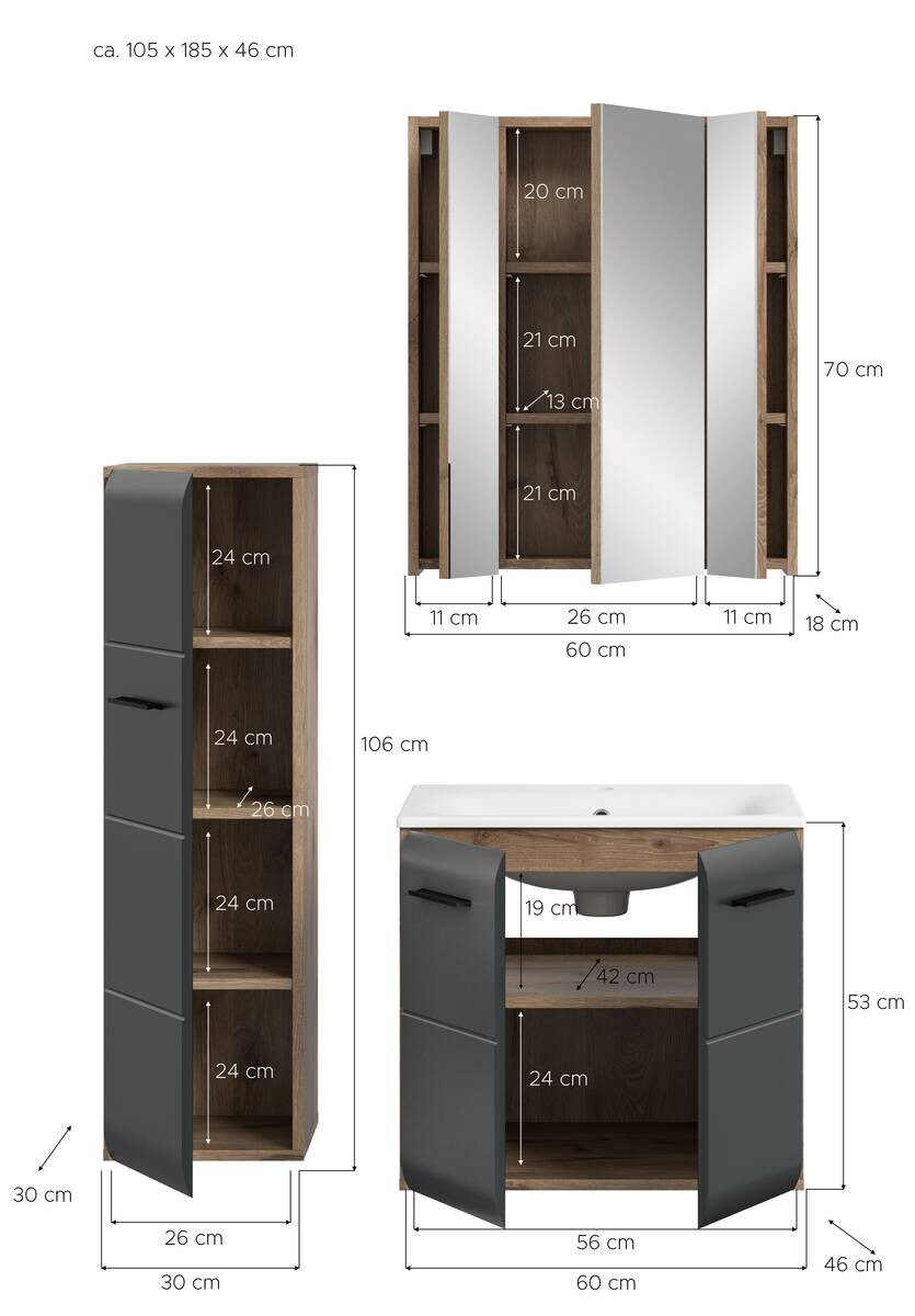 Badezimmer-Set Ice Nox Oak Nachbildung schwarz matt B/H/T: ca. 105x185x46 cm