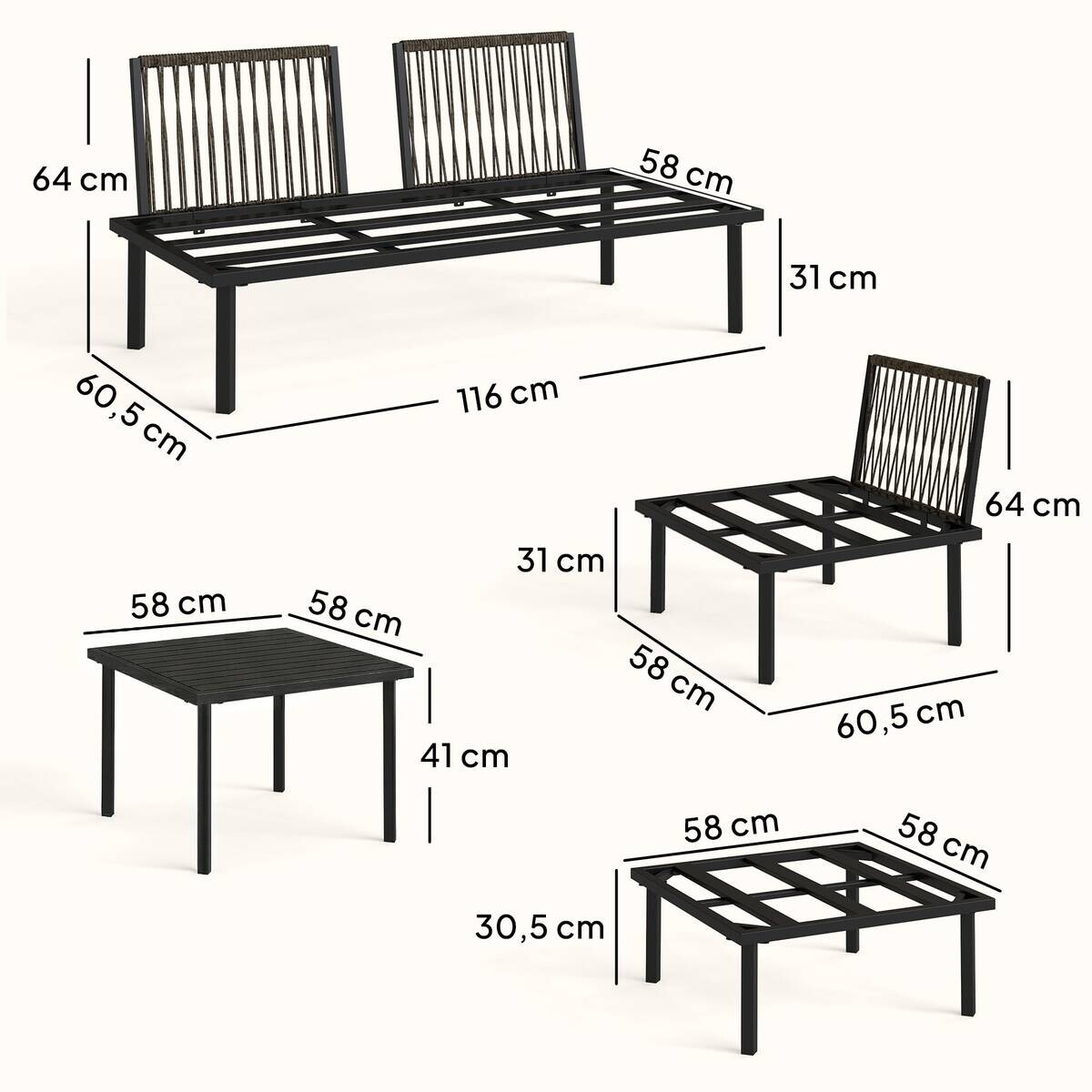 Outsunny Loungemöbel hellgrau Metall B/H/L: ca. 176x64x234 cm
